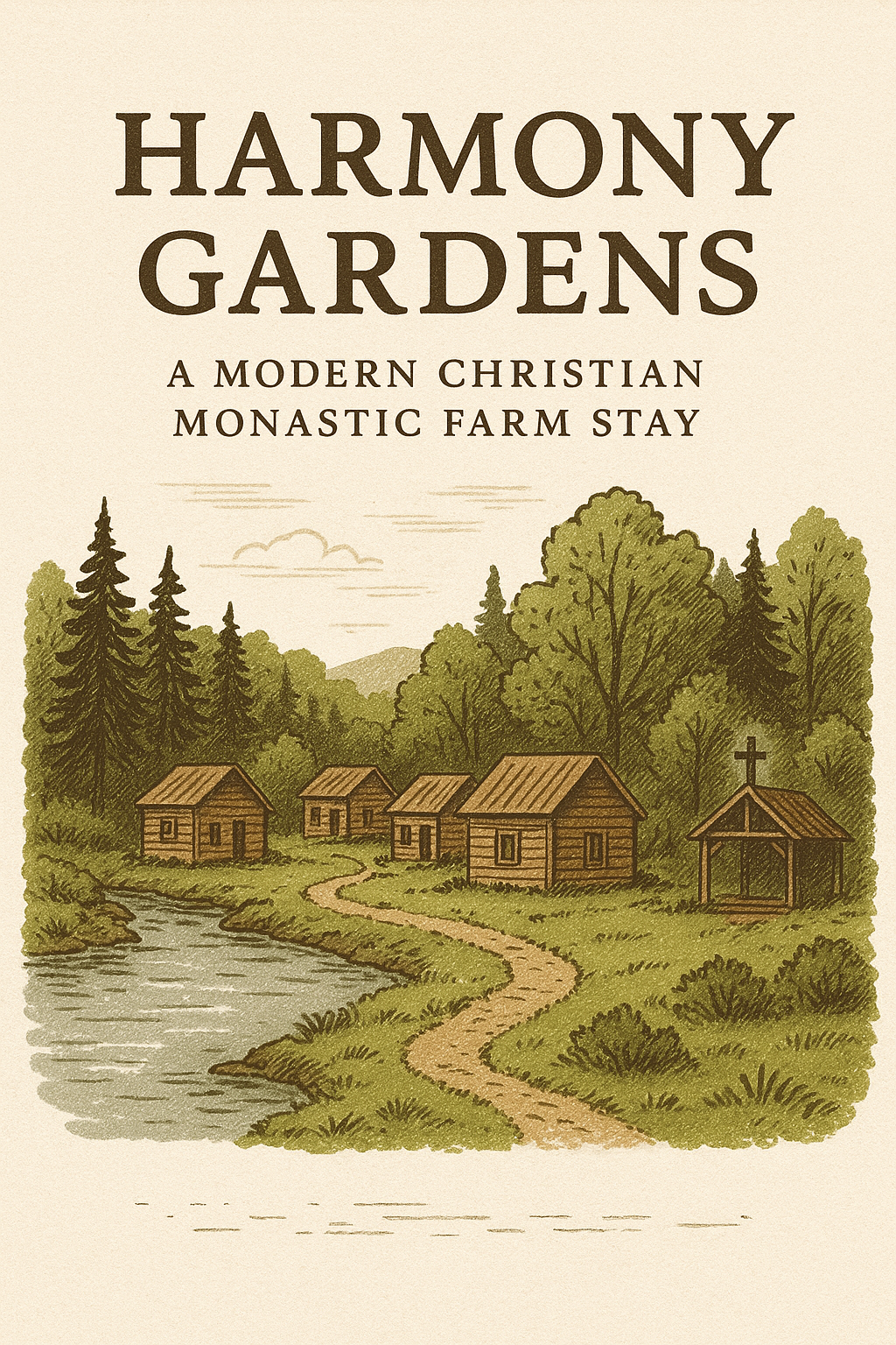 Imagined future Harmony Gardens: concept artwork of cabins and gardens beside a river, not an existing retreat