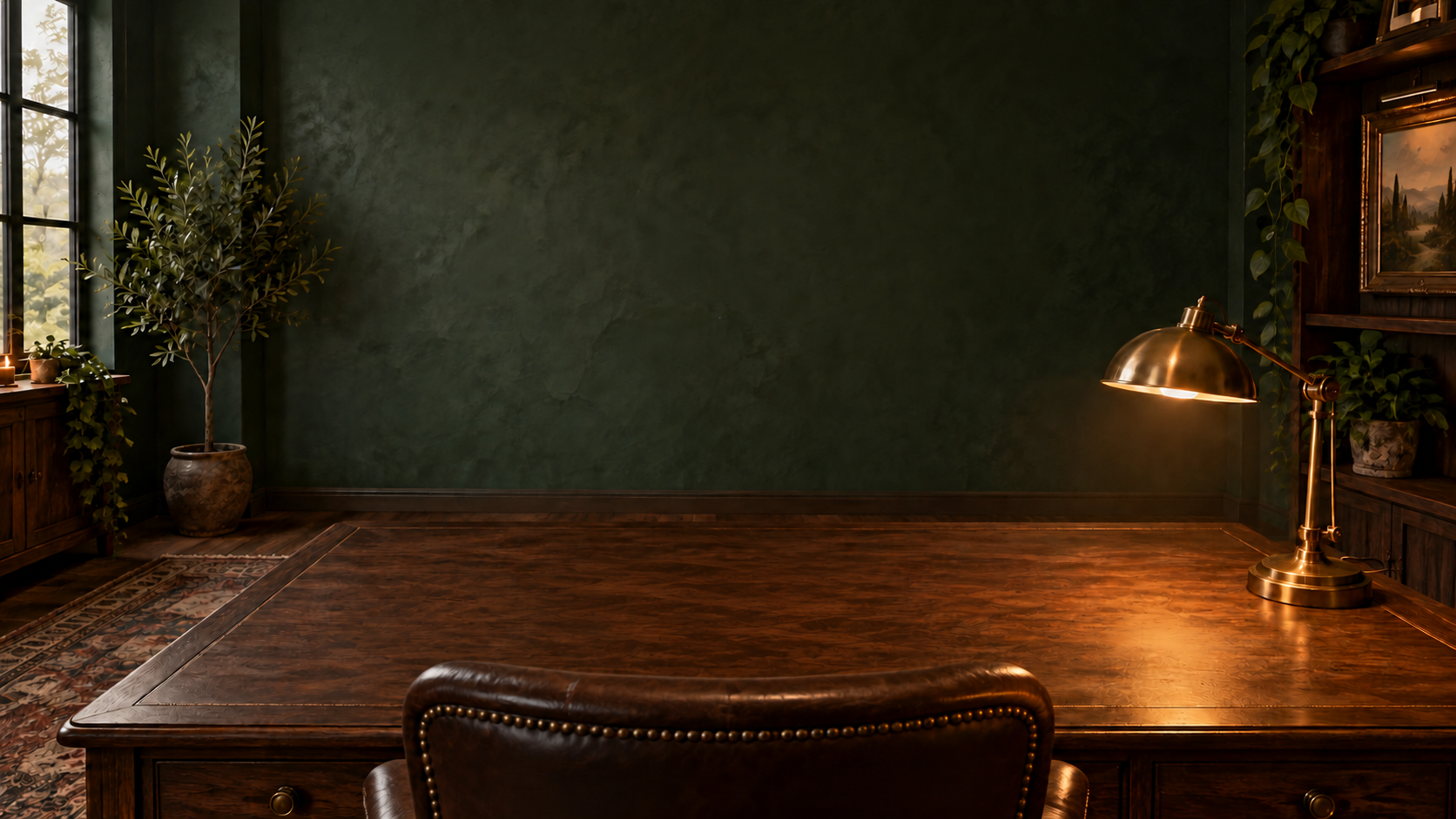 A quiet study with one chair at a wooden desk, warm lamplight, and a wall for the projector.